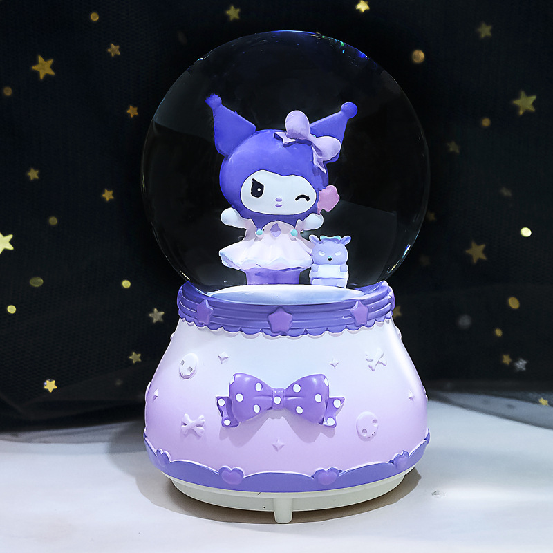 Nueva bola de cristal de mapache rosa pequeña, nieve, caja de música luminosa, luz nocturna, caja de música de regalo, artesanía de una pieza