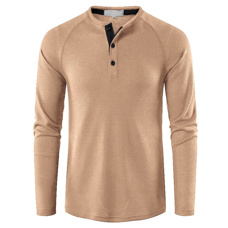 Mote langermet Henley-T-skjorte for menn Sport Uformelle gensere Løse topper Bluse Knapp Ensfarget Herre-T-skjorter Undertrøyer_voghion.com