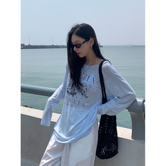 Huang Zheng 韓国スタイル夏ラウンドネックレタープリント長袖 Tシャツ女性のルーズ痩身ボトムストップ日焼け止め服 520652