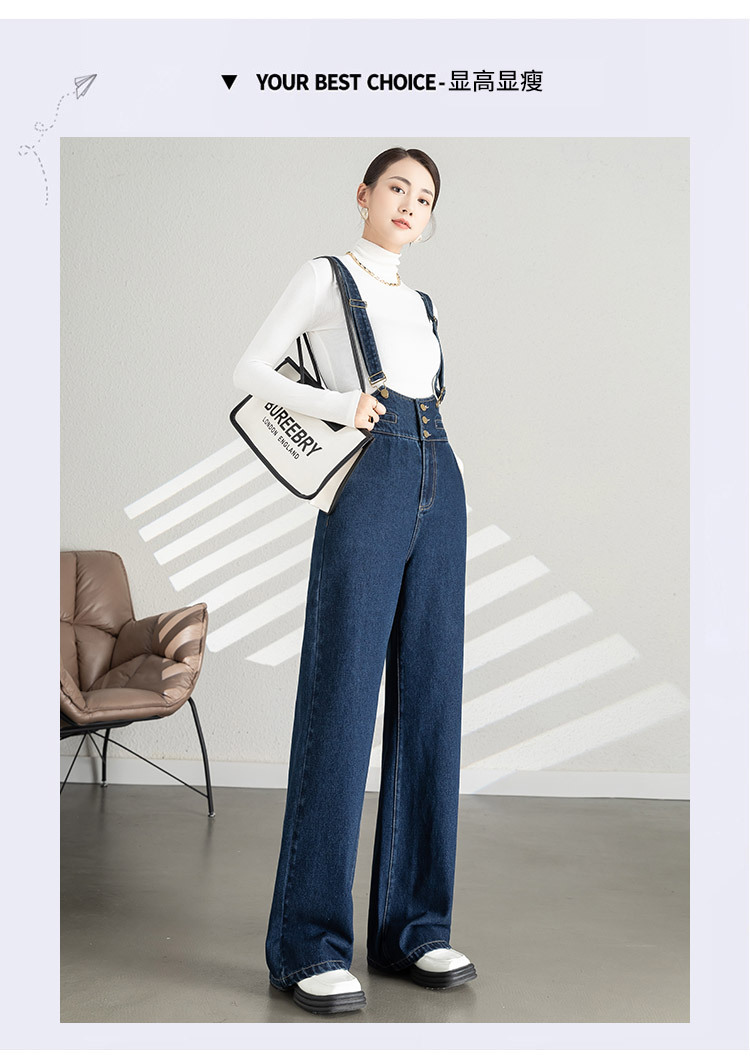 Quần yếm denim nữ dáng rộng ống rộng cạp cao ống thẳng — Màu xanh lam chi tiết 13
