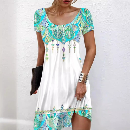 Simple, loose-fitting summer dress with a round neckline and short sleeves—perfect for casual wear, featuring a goddess-inspired hemline and stylish layered design that flatters your figure.