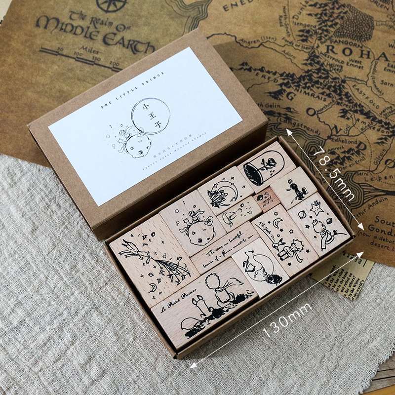 12개 따뜻한 어린왕자 레트로 나무 봉인 세트 크리에이티브 핸드북 녹색 식물 버섯 장식 핸드북 봉인 노란색 하나