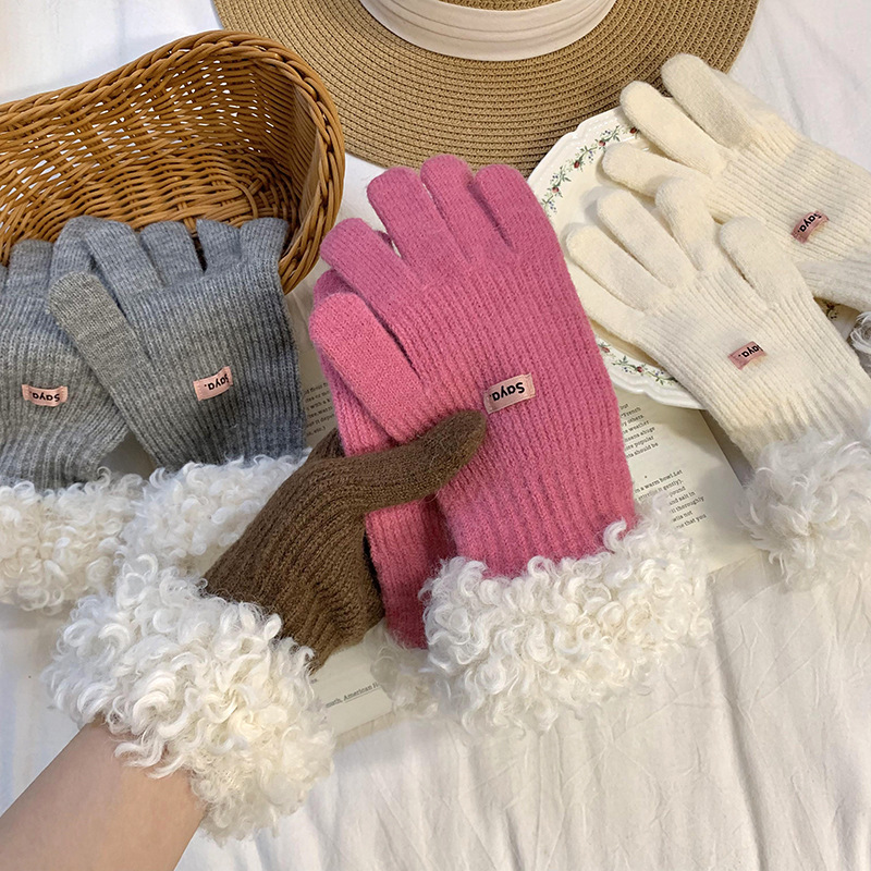 Nuevos guantes de borde de peluche coreanos para mujeres otoño invierno versátil grueso guantes de dedo de pantalla táctil de lana cálida