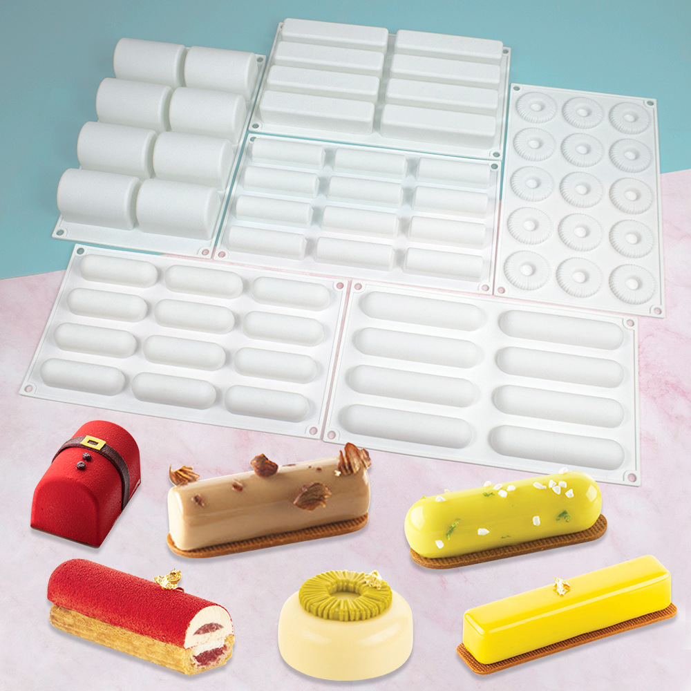 Refinado largo mousse pastel molde colección francés postre sándwich molde de silicona cilindro ovalado crujiente salchicha molde