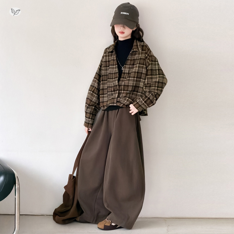 Girls' 2026 Fall New College Style Plaid Shirt Long Sleeve Base Shirt Wide-Leg Pants Three-Piece Set Straight Pants Girls' 2026 Fall New College Style Plaid Shirt Long Sleeve Base Shirt Wide-Leg Pants Three-Piece Set Straight Pants