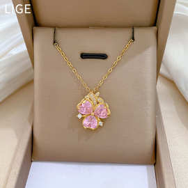 【钛钢】三瓣花朵锆石满钻时尚轻奢气质华丽满钻项链女百搭锁骨链
