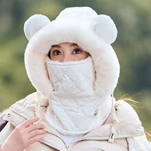 保暖护耳套头帽可爱小熊秋冬季雷锋帽包头显脸小帽子毛绒围脖口罩