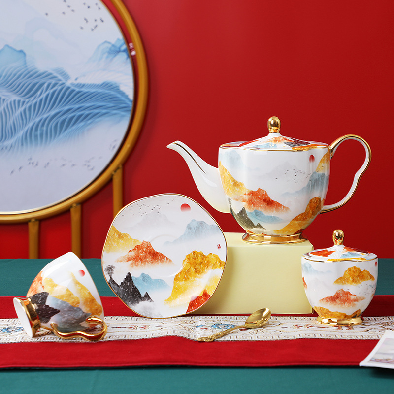 New Chinese Style Qianli Jiangtu Bone China Coffee Set with Coffee Cups, Saucers, Spoons, Flower Tea Set with Tea Cups and Teapot, Gift Box Set