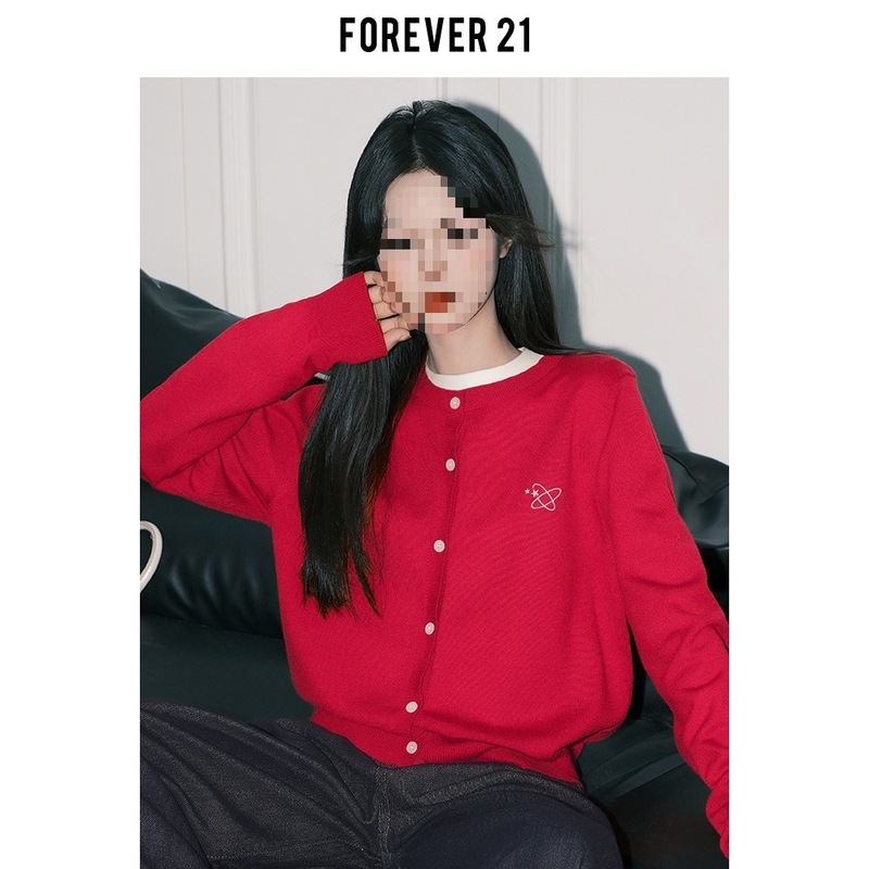 Forever21克莱因蓝别致刺绣针织开衫女ins宽松上衣慵懒松弛感毛衣|undefined