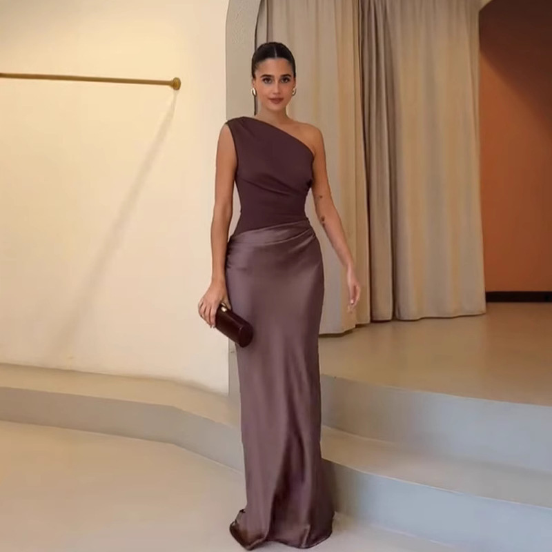 Asymmetrical Shoulder Dress 2025 Summer New Style Women's Clothing with a Socialite Vibe, Sleeveless Satin Patchwork Long Dress