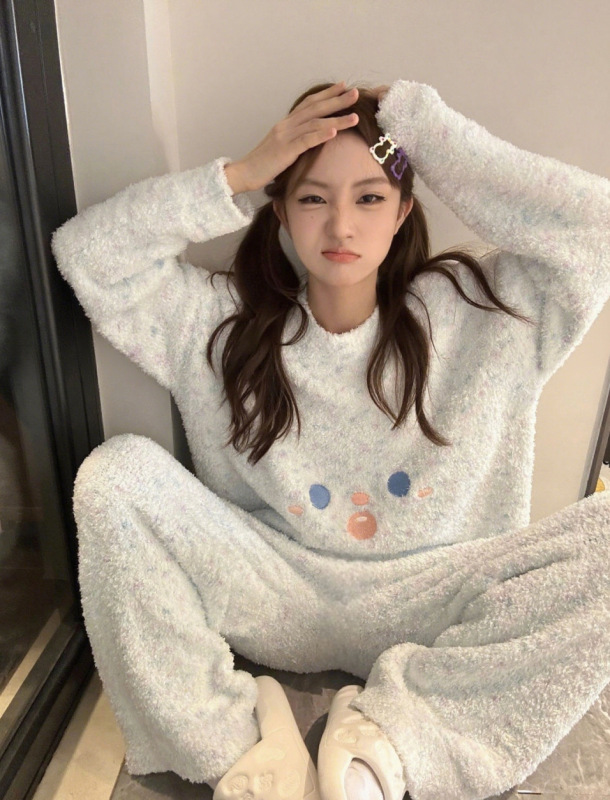 秋冬季新款半边绒睡衣女加绒加厚刺绣甜美可爱笑脸保暖家居服套装|undefined