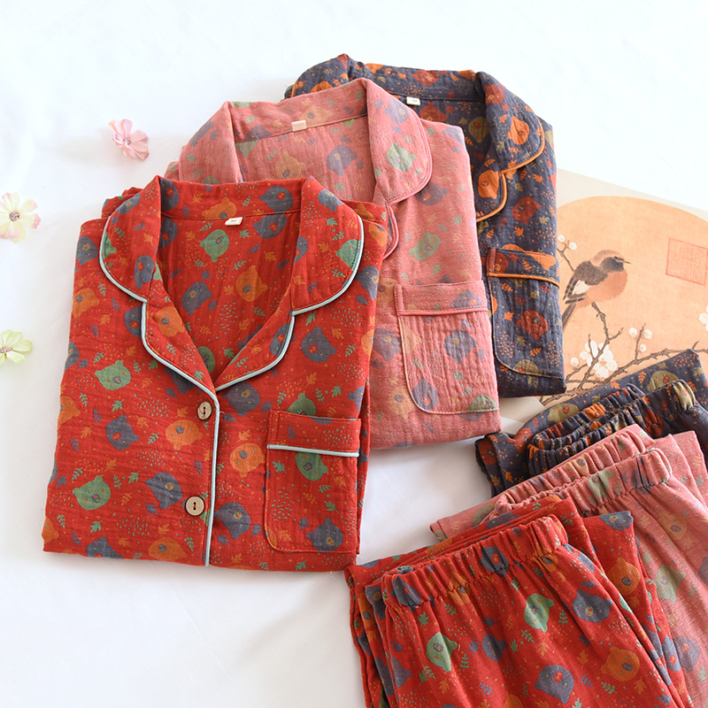 高档睡衣女小南瓜双层纱布色织双面提花长袖大码家居服睡衣女春秋