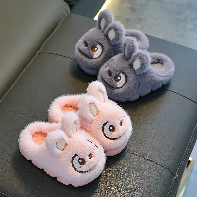 Otoño y invierno zapatillas de algodón para niños, niños y niñas, zapatos de algodón cálidos y peludos para padres e hijos, conejos, bolsas para bebés, zapatos de talón de algodón