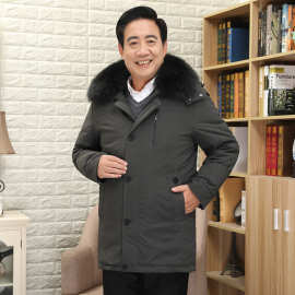 跨境新款中老年羽绒服男父亲冬季保暖可脱内胆中长款加厚外套批发