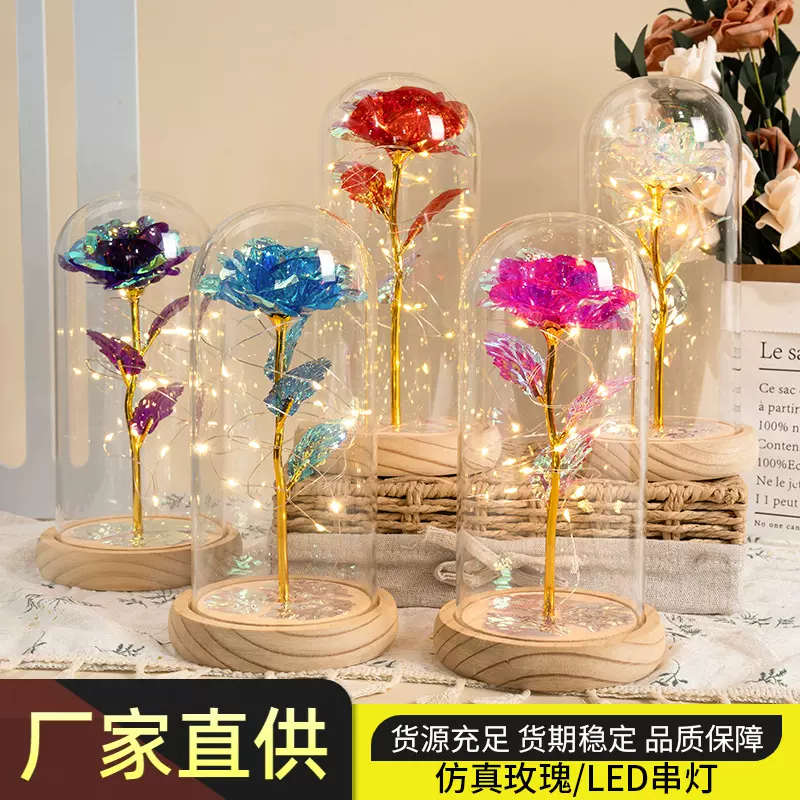 原木底永生玫瑰花led灯七夕情人节礼 地摊创意礼物批发金箔玫瑰花
