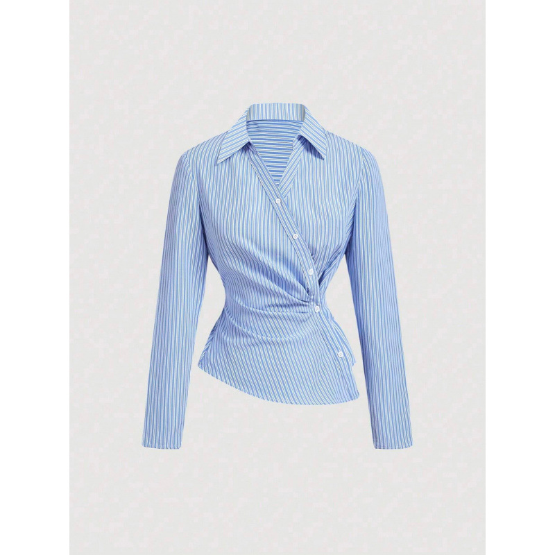 European and American Women's Clothing, Blue and White Vertical Striped Asymmetrical Long-Sleeved Shirt with Unique Twist Design, Fashionable and Irregular