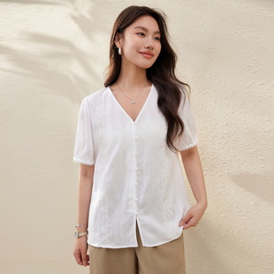 [streamer escape shadow] lyocell linen lace v-neck shirt slim show plus size women's chubby girl summer new