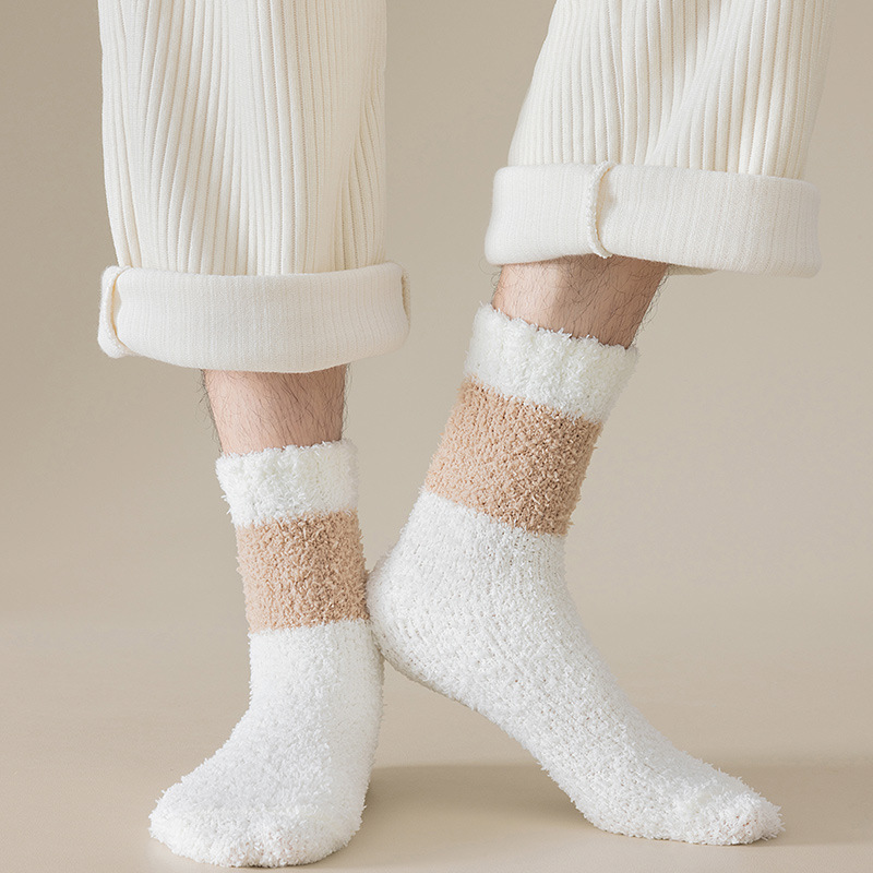 Koraļļu flīsa zeķes vīriešu ziemas vidēja izmēra caurulīte plīša biezas ziemas siltas mājas plīša garās zeķes gulēšanai uz grīdas_voghion.com