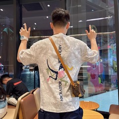 夏季潮流百搭新款短袖个性帅气印花刺绣半袖t高端时尚圆领暗花T恤