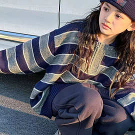 男女宝宝韩版时尚休闲百搭翻领上衣中大童秋冬新款洋气条纹毛衣潮