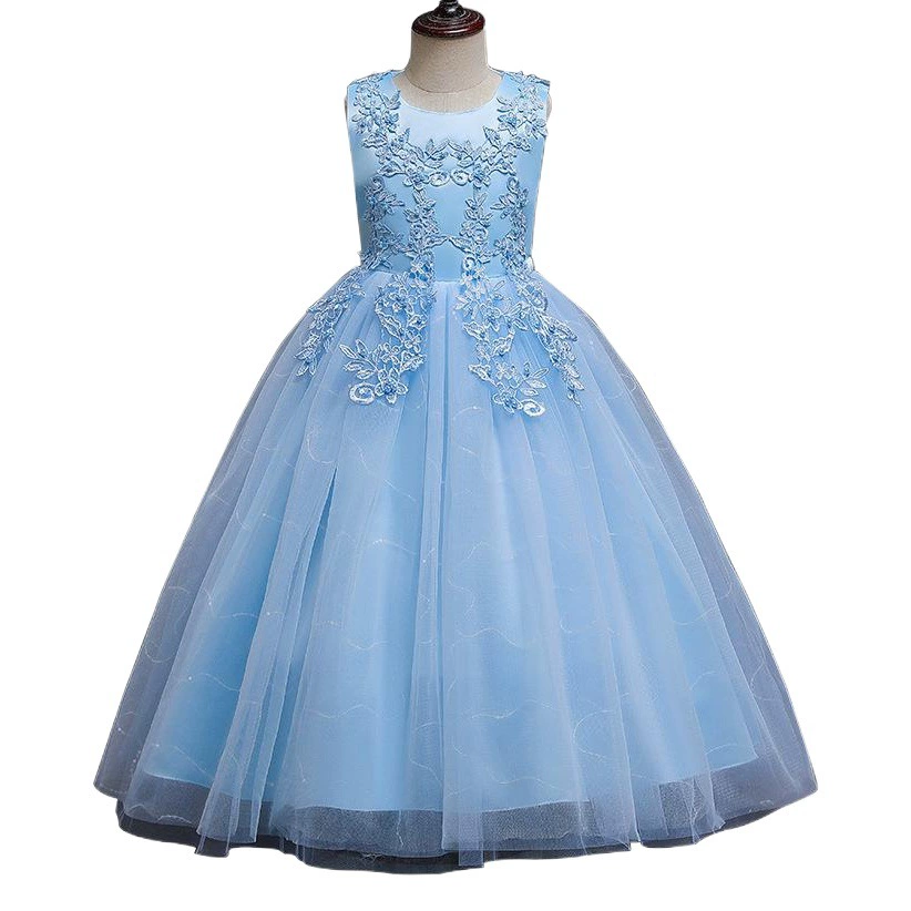 Платье девушки цветка Длина талии принцессы девушки блестками без рукавов Детское длинное свадебное платье