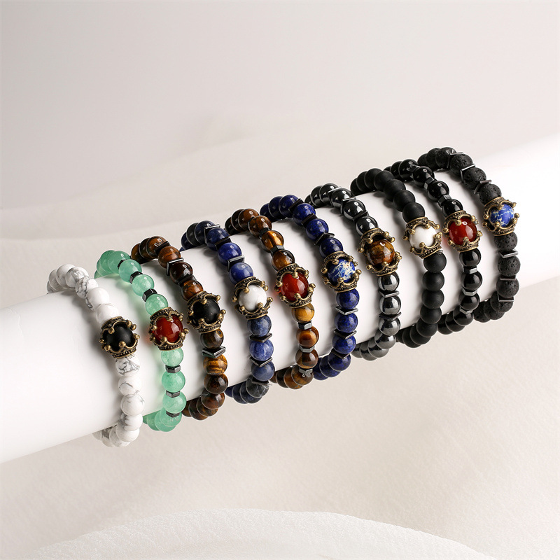 Pulsera de los hombres corona Ojo de Tigre cuentas de piedra de Buda pulsera brazalete vintage piedra volcánica mate brillante pulsera de moda