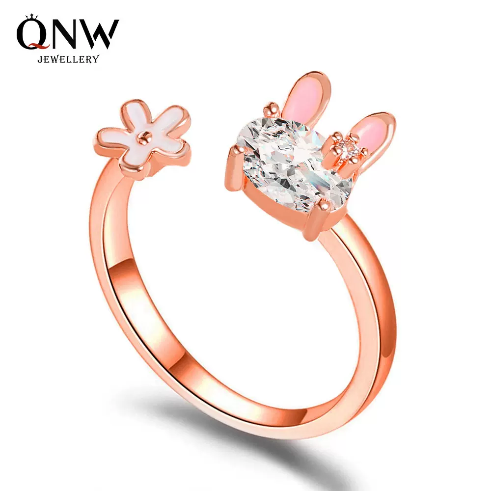 日韩可爱小兔子戒指 甜美少女心花朵食指戒子女 ins网红开口指环