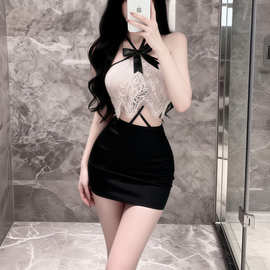 美诱佳纯欲性感秘书蕾丝镂空蝴蝶结拼接睡衣修身挂脖露背女吊带裙