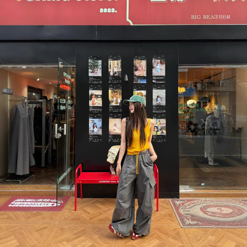 韓国ファッションスーツ女性の夏の新しい黄色のキャミソールグレーオーバーオールカジュアルスポーツツーピーススーツ|undefined