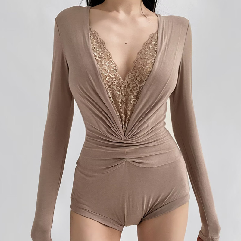 Waist-Cinching Lace Splicing Right Shoulder T-Shirt for Women, Pure Lusty Sexy V Neck One-Piece Top, Sexy Elastic Tight Bottoming Shirt