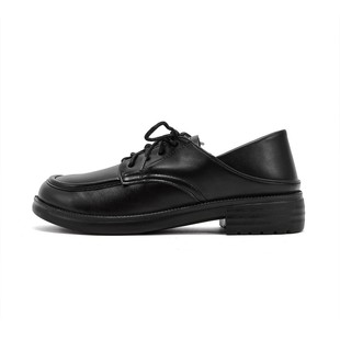Black Working Small Leather Shoes Women's New All-match Flat Leather British Academy Style Loafers Lace-up Shoes