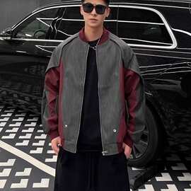 vintage解构撞色拼接棒球服飞行员夹克男高级感痞帅短款皮衣外套