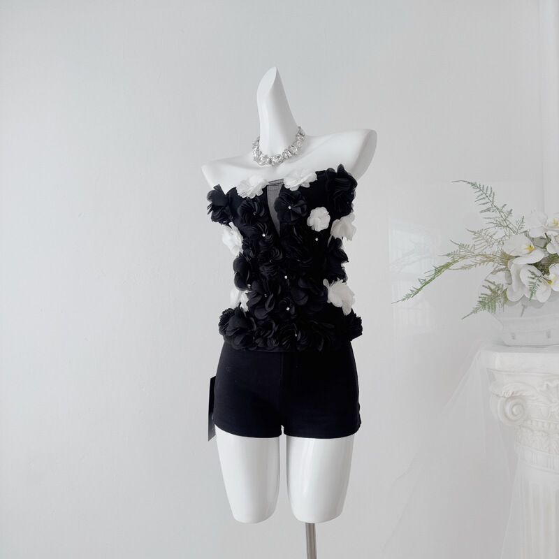 Temple-Style Small Fragrant Off-Shoulder Floral Rhinestone-Embellished Waist-Cinching Tube Top Vest 25 Summer Sexy Socialite Slimming Knit Dress