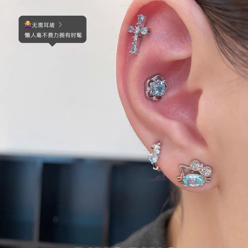 冰河时序 清冷海星高位耳垂钉耳圈耳环蓝色闪钻耳钉耳骨钉环|undefined