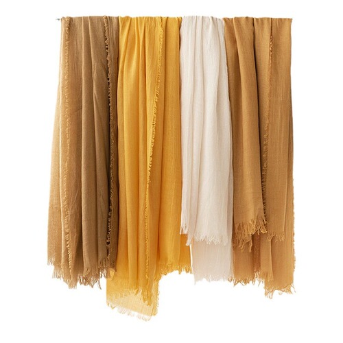 Cross-border cotton and linen scarf for women, spring and summer solid color, Japanese and Korean style, sun protection and warmth, simple and retro, tassel edge silk scarf