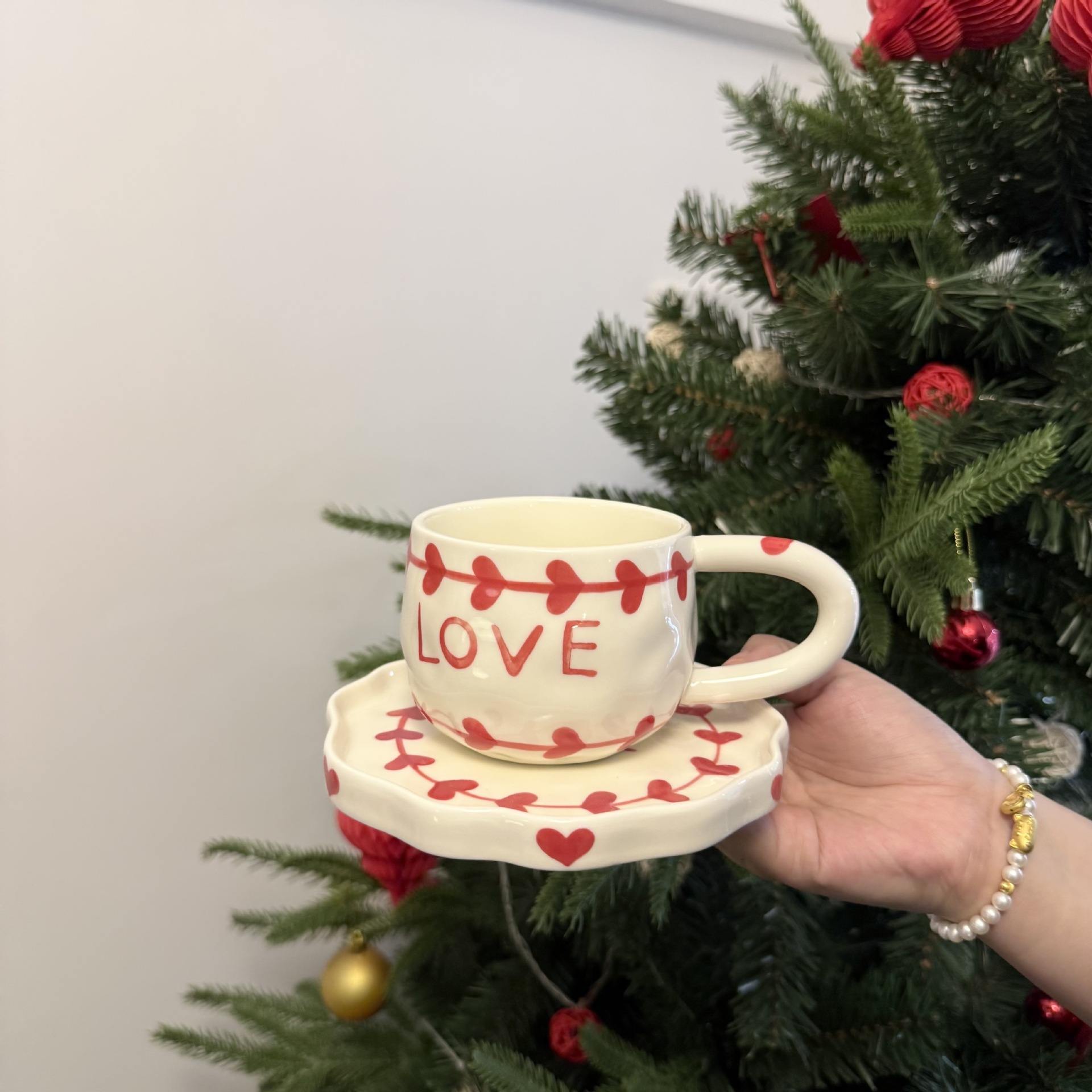 Navidad francesa retro pinza de mano pura pintada a mano taza de café de cerámica plato de alto valor plato de postre de té de la tarde