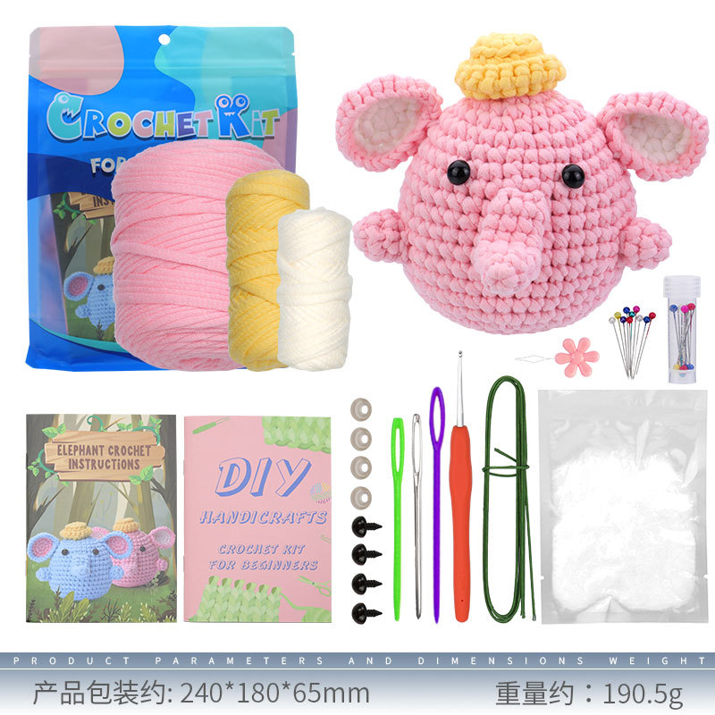 Pink elephant crochet material pack (blue custom bag)