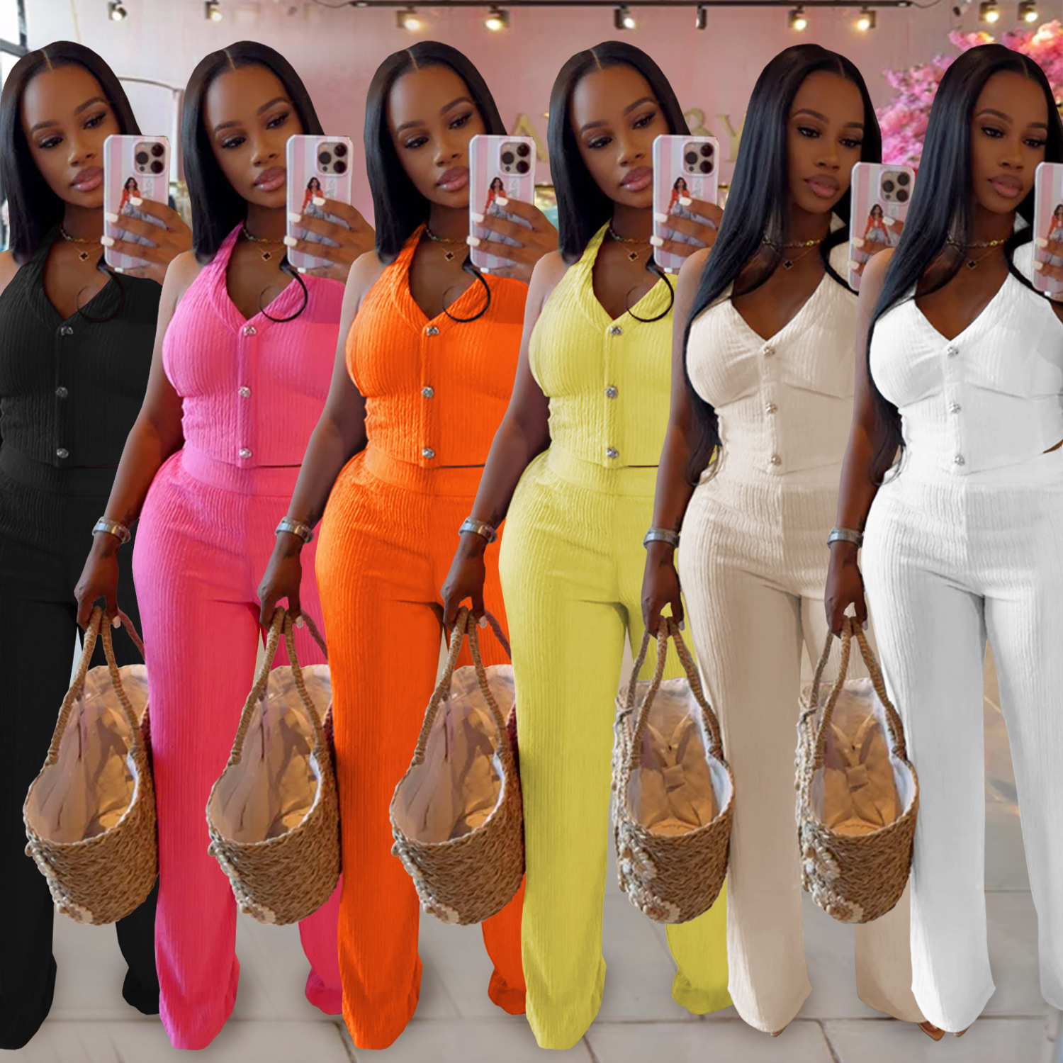 C7461 Cross-border AliExpress Amazon Ropa de mujer de moda europea y americana Traje casual Cuello halter Top Pantalones de dos piezas