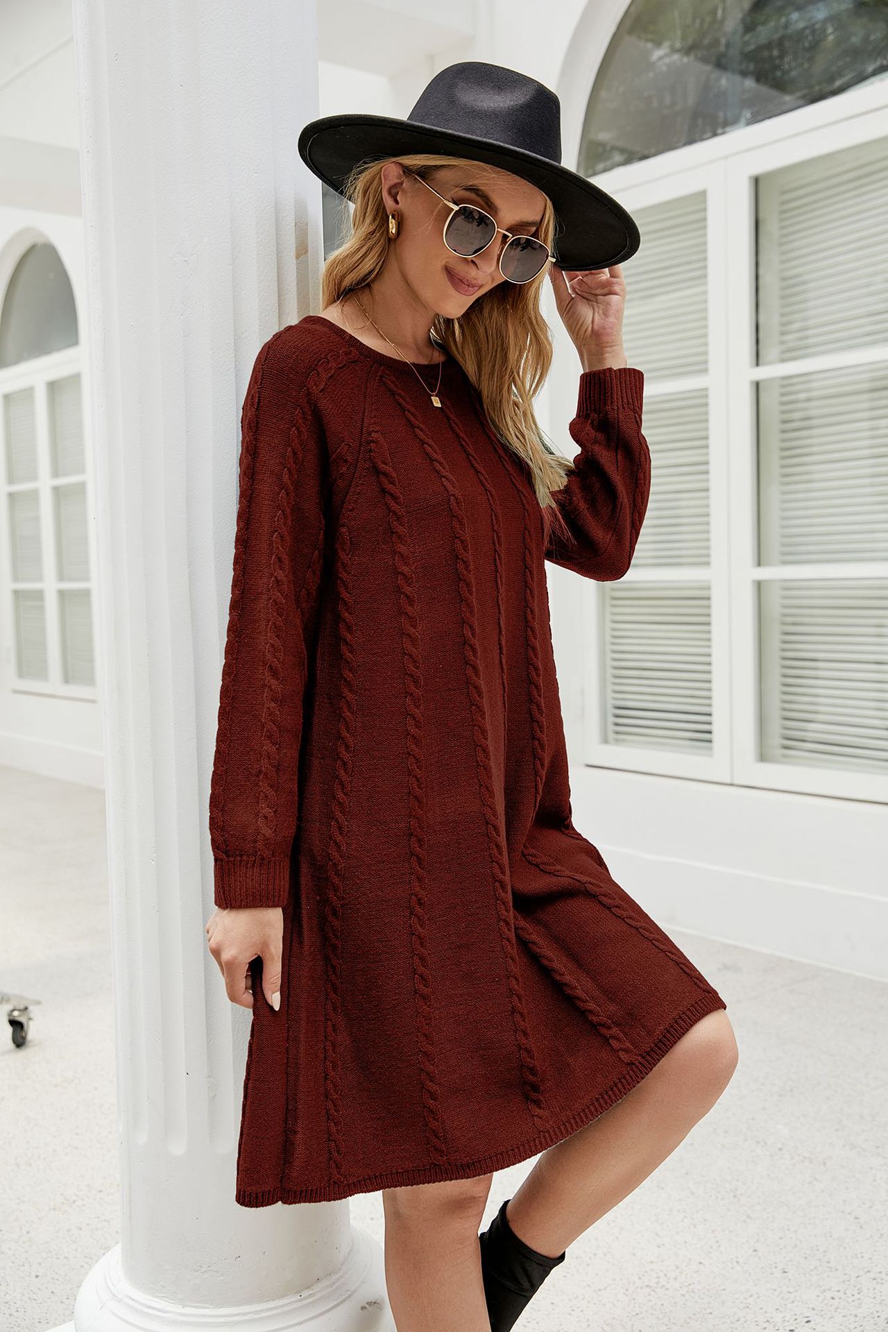 Fall Winter Solid Color Long Sweater Dress round Neck Twisted Loose A line Knitted Dress