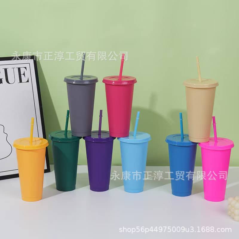 外贸新款马卡龙系列大容量710ML塑料奶茶杯PP材质磨砂手感吸管杯|undefined