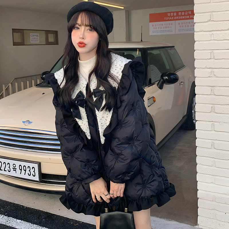 Fungus Edge Doll Collar Bow Quilted down Jacket for Women Winter Mid-Length Sweet and Cute Age-Reducing Warm Jacket Trendy