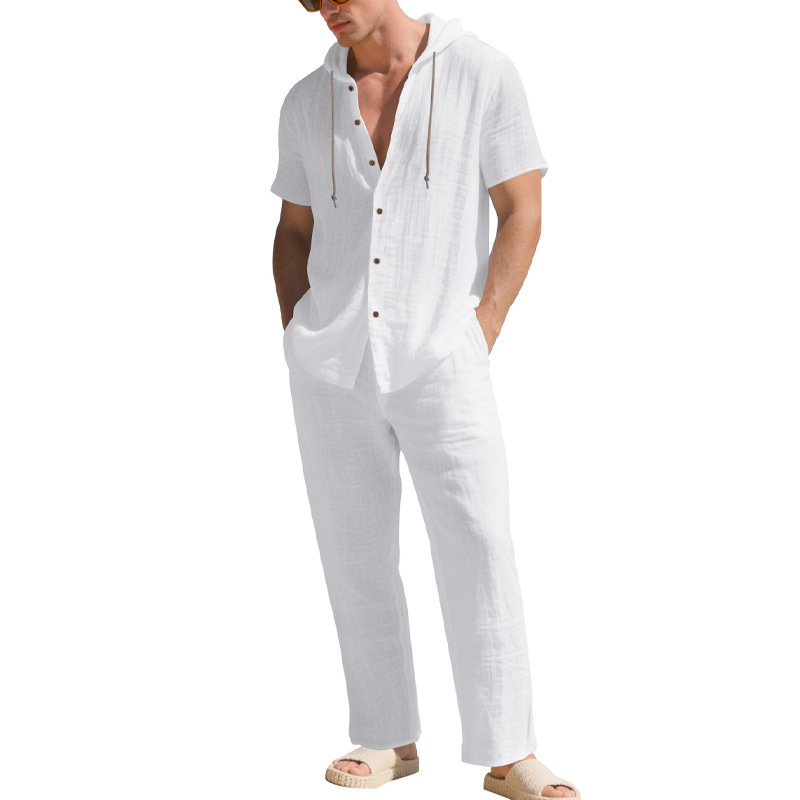 Herren Sommer Leinen Set Kurzarmhemd Und Hose Im Casual Style_voghion.com