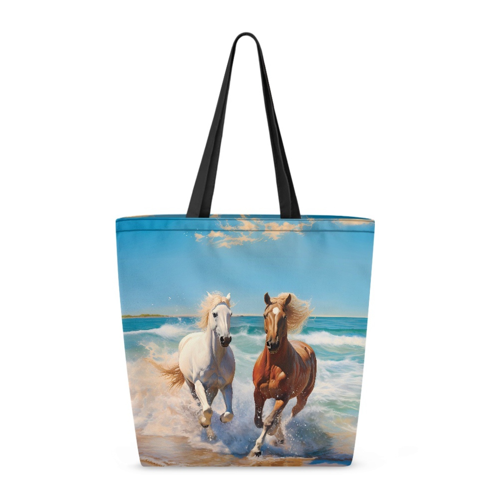 国际站欧美跨境外贸骏马印花小众帆布购物袋手提杂物多功能手提包