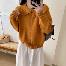 韩系设计感围巾领两粒扣毛衣外套女秋冬新款气质简约针织开衫上衣