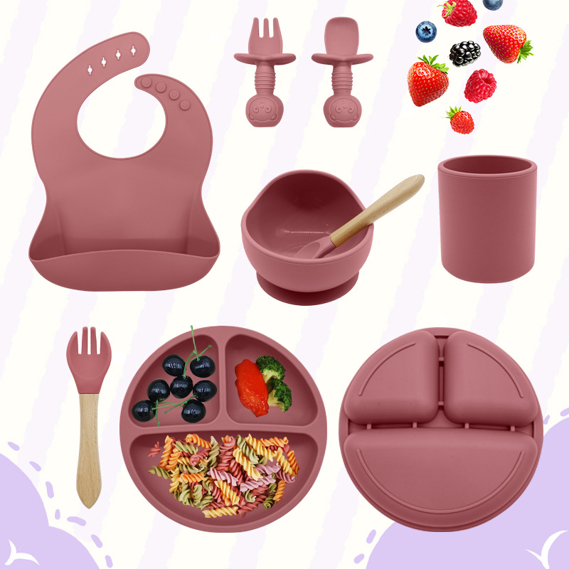 Cross-Border Best-Selling Children's Tableware Eight-Piece Set for Infants and Young Children Learning to Eat Silicone Tableware Set Baby Food Supplement Feeding Meal
