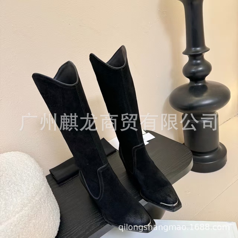 高端2025秋冬磨砂皮方头复古做旧粗跟高跟高筒骑士靴马丁靴长靴女|undefined