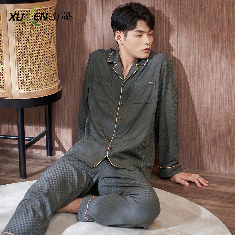 100% pijamas de algodón de los hombres de primavera y otoño de manga larga más el tamaño flojo otoño homewear traje de los hombres