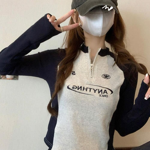 Ins Pure Desire Base Shoulder Zipper Women's Long Sleeve Autumn/Winter Base Shirt Slim Short Collar Splicing Top Women's Small Shirt