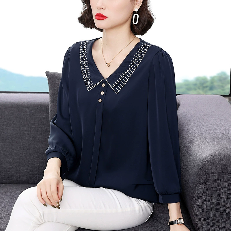 Топ с воротником для куклы с длинным рукавом 2023 Новая Весенняя женская Свободная шифоновая рубашка для мамы среднего возраста, Модная стильная маленькая рубашка