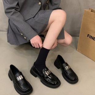 Thick bottom all-match black loafers single shoes women's shoes 2023 new spring and autumn slip-on British style leather shoes